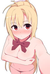 Rule 34 | 1girl, absurdres, antenna hair, arihara nanami, arm up, bare arms, black panties, blonde hair, blush, bow, bowtie, breast hold, breasts, cleavage, closed mouth, commentary, covering breasts, covering privates, foreshortening, from above, full-face blush, hair between eyes, hair ornament, highres, large breasts, long hair, looking at viewer, nose blush, official alternate hairstyle, panties, pom pom (clothes), pom pom hair ornament, ponytail, pov, red bow, red bowtie, red eyes, riddle joker, selfie, shy, simple background, solo, straight hair, symbol-only commentary, topless, underwear, upper body, upturned eyes, very long hair, white background, zlmh7okwwbmghfo