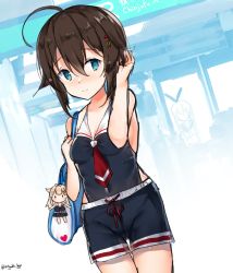 Rule 34 | 1girl, adapted costume, ahoge, black hair, black shorts, blue eyes, braid, casual one-piece swimsuit, character doll, commentary request, cowboy shot, hair flaps, hair over shoulder, highres, kantai collection, miyasaka miyabi, one-piece swimsuit, shigure (kancolle), shorts, single braid, solo, swimsuit, twitter username, yuudachi (kancolle)