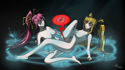 Rule 34 | 2girls, barefoot, black background, black bow, blonde hair, blush, bow, grabbing another&#039;s breast, breasts, brown eyes, cross-section, fate testarossa, female fertilization, female focus, grabbing, green eyes, grin, hair bow, hair ribbon, hand on breast, highres, long hair, lyrical nanoha, magic circle, medium breasts, multiple girls, nude, ovum, pink hair, ponytail, ribbon, signum, simple background, smile, spread legs, tribadism, twintails, yellow ribbon, yuri