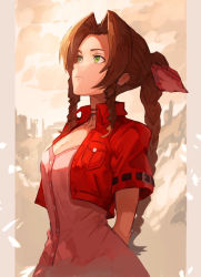 Rule 34 | 1girl, aerith gainsborough, arms behind back, black ribbon, bow, braid, braided ponytail, breasts, brown hair, choker, cleavage, closed mouth, collarbone, dress, final fantasy, final fantasy vii, final fantasy vii remake, frown, green eyes, hair bow, hair intakes, jacket, long hair, looking up, medium breasts, nasubin (nasubisamurai15), open clothes, open jacket, pillarboxed, pink dress, red bow, red jacket, ribbon, ribbon choker, short sleeves, sketch, solo, square enix, standing, wing collar