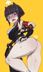 Rule 34 | 1girl, absurdres, ass, bandaged arm, bandages, bare shoulders, black gloves, black hair, blunt bangs, blush, bugita, elbow gloves, extra arms, fang, fingerless gloves, fingernails, gloves, hair horns, highres, holding, holding clothes, mole, mole under eye, multicolored hair, nail polish, ninja, open mouth, original, red eyes, red hair, red nails, shiny skin, short hair, signature, simple background, solo, sweat, tongue, two-tone hair, yellow background