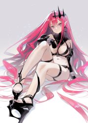 Rule 34 | 1girl, bare shoulders, black panties, bracelet, breasts, bridal gauntlets, detached sleeves, earrings, baobhan sith (fate), baobhan sith (second ascension) (fate), fate/grand order, fate (series), grey eyes, high heels, jewelry, large breasts, legs, long hair, looking at viewer, nail polish, navel, panties, pink hair, pointy ears, revealing clothes, ritsuki, sidelocks, sitting, solo, thigh strap, tiara, underwear, veil