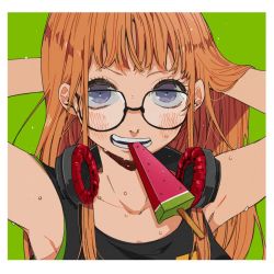 Rule 34 | 1girl, armpits, arms up, black tank top, blunt bangs, blush, border, eating, food, glasses, green background, hands in hair, headphones, headphones around neck, headphones removed, hime cut, ivxxx, long hair, open mouth, orange hair, persona, persona 5, popsicle, purple eyes, sakura futaba, simple background, snack, solo, sweat, sweatdrop, nervous sweating, tank top, v arms, white border