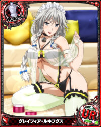 Rule 34 | 1girl, black bra, black choker, black panties, blue bow, bow, bra, braid, breasts, card (medium), chess piece, choker, cleavage, female focus, frilled thighhighs, frills, garter straps, grayfia lucifuge, grey eyes, grey hair, hair bow, high school dxd, large breasts, lingerie, long hair, looking at viewer, maid headdress, matching hair/eyes, mature female, navel, official art, panties, queen (chess), red lips, see-through, smile, solo, thighhighs, twin braids, underboob, underwear, underwear only, white thighhighs