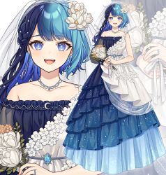 Rule 34 | 1girl, :d, bare shoulders, blue dress, blue eyes, blue hair, blush, bouquet, braid, brown flower, collarbone, commentary request, crescent, dress, flower, gradient hair, hair flower, hair ornament, highres, holding, holding bouquet, iriam, jewelry, karokuchitose, layered dress, long hair, looking at viewer, multicolored hair, multiple views, official art, open mouth, pendant, pleated dress, see-through, simple background, smile, standing, tsuyurino sora, two-tone hair, veil, virtual youtuber, wedding dress, white background, white flower, zoom layer