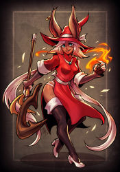 Rule 34 | animal ears, boots, clawed gauntlets, dark skin, dress, earrings, final fantasy, final fantasy tactics advance, gloves, green eyes, hat, high heels, highres, jewelry, long dress, long hair, maksn, panty straps, rabbit ears, red mage (final fantasy), smile, solo, staff, thigh boots, thighhighs, very long hair, viera, white hair, witch hat