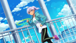 Rule 34 | 1girl, bird, black pants, blue cardigan, blue eyes, cardigan, copyright notice, dark-skinned female, dark skin, dolphin wave, dutch angle, feet out of frame, game cg, grey hair, highres, leg up, official art, open cardigan, open clothes, pants, ponytail, purple footwear, running, seagull, shirt, shoes, smile, sneakers, solo, souma hayate, white shirt