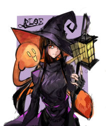 Rule 34 | 1girl, absurdres, artist name, belt, black dress, black gloves, black hair, black jacket, border, brown hair, chain, character name, closed mouth, colored inner hair, commentary, dress, expressionless, ghost, gloves, hat, highres, holding, jacket, long fingers, long hair, looking at viewer, multicolored hair, orange eyes, orange hair, original, outside border, purple background, red pupils, saiykik, sidelocks, signature, simple background, solo, two-tone hair, very long hair, watermark, white border, witch, witch hat