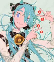 Rule 34 | 1girl, 2021, absurdres, animal print, bell, black bow, black bowtie, black headwear, black overalls, black scrunchie, blue eyes, blue hair, bow, bowtie, chinese zodiac, collared shirt, commentary, cow print, double v, english commentary, fingernails, green background, grin, hair between eyes, hair horns, hair ornament, hair over shoulder, hair scrunchie, hatsune miku, head scarf, highres, horns, horns through headwear, long hair, long sleeves, looking at viewer, low twintails, memcchi, neck bell, new year, overalls, scrunchie, shirt, simple background, smile, solo, thick eyebrows, twintails, upper body, v, very long hair, vocaloid, white shirt, white sleeves, year of the ox