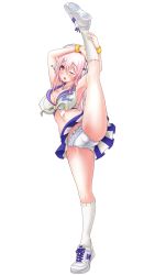 Rule 34 | 1girl, blush, breasts, cameltoe, cheerleader, cleavage, full body, groin, headphones, highres, large breasts, leg up, legs, long hair, looking at viewer, midriff, navel, nitroplus, one eye closed, open mouth, pink hair, red eyes, shoes, skirt, sneakers, solo, super sonico, thighs, transparent background, upskirt, v-mag