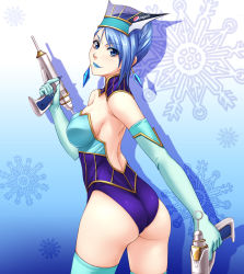 Rule 34 | 10s, 1girl, ass, backless outfit, bare shoulders, blue eyes, blue hair, blue rose (tiger &amp; bunny), boots, breasts, dual wielding, earrings, elbow gloves, fingernails over gloves, gloves, gun, hat, highres, holding, jewelry, karina lyle, kobapyon, lipstick, makeup, medium breasts, pepsi nex, product placement, short hair, superhero costume, thigh boots, thighhighs, tiger &amp; bunny, weapon