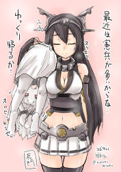 Rule 34 | 10s, 2girls, abyssal ship, breasts, carrying over shoulder, cleavage, cowboy shot, closed eyes, horns, kantai collection, kidnapping, long hair, medium breasts, midriff, mittens, multiple girls, nagato (kancolle), navel, northern ocean princess, pleated skirt, red eyes, sketch, skirt, smile, take it home, thighhighs, toda kazuki, translation request, zettai ryouiki