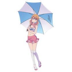 Rule 34 | 1girl, alternate costume, blonde hair, boots, breasts, cleavage, full body, green eyes, highres, holdin, looking at viewer, medium breasts, megami no kafeterasu, navel, noguchi masatsune (anime character design), official art, race queen, seo kouji, simple background, skirt, smile, solo, tsukishima riho, twintails, umbrella, white background