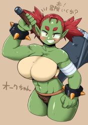 Rule 34 | 1girl, axe, breasts, colored skin, female orc, green skin, highres, holding, holding axe, huge breasts, medium hair, navel, orange eyes, orc, original, pointy ears, q kotetsu, red hair, simple background, smile, solo, translation request, twintails
