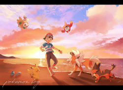 Rule 34 | 1boy, ash ketchum, bad id, bad pixiv id, barefoot, baseball cap, beach, black hair, black shorts, blouse, blue shirt, bracelet, brown eyes, cloud, cloudy sky, copyright name, creatures (company), dusk, english text, game freak, gen 1 pokemon, gen 4 pokemon, gen 7 pokemon, hat, highres, jewelry, litten, lycanroc, lycanroc (dusk), male focus, mei (maysroom), meltan, mythical pokemon, nintendo, open mouth, outdoors, pikachu, pokemon, pokemon (anime), pokemon (creature), pokemon sm (anime), riding, riding pokemon, rotom, rotom dex, rowlet, shirt, shoes, shore, shorts, sky, spiked hair, standing, striped clothes, striped shirt, teeth, tide, unworn shoes, upper teeth only, z-ring