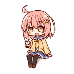 Rule 34 | 1girl, :d, ahoge, ayanepuna, black thighhighs, blue sailor collar, blue skirt, blush stickers, brown eyes, brown footwear, brown jacket, brown neckwear, chibi, full body, hair between eyes, hair ornament, jacket, long sleeves, lowres, open clothes, open jacket, open mouth, original, pink hair, sailor collar, shadow, shirt, shoes, sitting, skirt, smile, solo, thighhighs, white background, white shirt, yune (ayanepuna)
