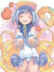Rule 34 | 1girl, blue hair, detached sleeves, closed eyes, gluteal fold, hat, heart, highres, magical girl, moetan, nijihara ink, one-piece swimsuit, open mouth, outstretched arms, outstretched hand, pastel ink, pop (electromagneticwave), school swimsuit, short hair, showgirl skirt, smile, solo, swimsuit, swimsuit skirt, two side up, visor cap, white school swimsuit, white one-piece swimsuit