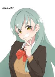 Rule 34 | 1girl, absurdres, ascot, blush, bow, bowtie, brown jacket, green eyes, green hair, highres, jacket, kantai collection, kirchoff, long hair, one-hour drawing challenge, open mouth, orange ascot, red bow, red bowtie, simple background, smile, solo, suzuya (kancolle), teeth, twitter username, upper body, v, white background