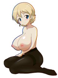 Rule 34 | 1girl, absurdres, black pantyhose, blonde hair, blush, braid, breasts, closed mouth, darjeeling (girls und panzer), female focus, french braid, full body, girls und panzer, gogopaint, highres, large breasts, looking at viewer, nipples, pantyhose, simple background, sitting, smile, solo, white background