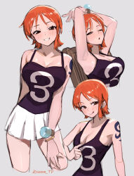 Rule 34 | breasts, highres, large breasts, mature female, miniskirt, nami (one piece), one piece, orange hair, sexually suggestive, short hair, skirt, sooon