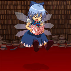 Rule 34 | circled 9, 1girl, book, cirno, dress, female focus, library, lowres, open book, reading, solo, sweat, touhou, translated, upside-down book, voile, wings
