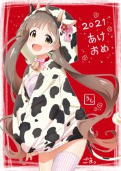Rule 34 | 1girl, 2021, animal ears, animal print, asymmetrical legwear, bell, blush, breasts, brown eyes, brown hair, chinese zodiac, choker, cow ears, cow horns, cow print, cow tail, cowbell, cowboy shot, dot nose, dress, fake animal ears, fake horns, fake tail, flower, frilled dress, frills, from side, goma konbu, hair flower, hair ornament, hakozaki serika, happy new year, highres, hood, hood up, hoodie, hoodie pull, horns, idolmaster, idolmaster million live!, idolmaster million live! theater days, long hair, long sleeves, looking at viewer, mismatched legwear, neck ribbon, new year, open mouth, pink dress, pink ribbon, pink thighhighs, plum blossoms, print hoodie, red background, red choker, red flower, ribbon, signature, single thighhigh, small breasts, smile, solo, sparkle, standing, striped clothes, striped dress, striped thighhighs, tail, thighhighs, twintails, very long hair