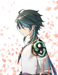 Rule 34 | 1boy, absurdres, ahoge, bead necklace, beads, black hair, closed eyes, closed mouth, detached sleeves, from side, genshin impact, green hair, highres, jewelry, keikeilo, long hair, male focus, multicolored hair, necklace, petals, shoulder pads, shoulder spikes, simple background, solo, spikes, tassel, xiao (genshin impact)