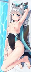 Rule 34 | 1girl, absurdres, ahoge, animal ear fluff, animal ears, arm behind head, arm up, armpits, bare arms, bare shoulders, barefoot, beach mat, black one-piece swimsuit, blue archive, blue eyes, blue halo, blurry, blurry background, breasts, breasts out, bright pupils, clothes pull, collarbone, commentary request, competition school swimsuit, competition swimsuit, covered navel, depth of field, extra ears, grey hair, hair ornament, halo, halterneck, hand on own thigh, highleg, highleg swimsuit, highres, knees up, long hair, looking at viewer, lying, mismatched pupils, narynn, nipples, on back, one-piece swimsuit, one-piece swimsuit pull, pool, poolside, school swimsuit, shiroko (blue archive), shiroko (swimsuit) (blue archive), small breasts, solo, swimsuit, thighs, topless, water, wet