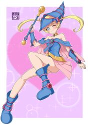 Rule 34 | 1girl, ;), blonde hair, blue dress, blue eyes, blue footwear, boots, breasts, cosplay, dark magician girl, dark magician girl (cosplay), dress, floating, handakuon, heart, highres, holding, holding staff, kiratto pri chan, moegi emo, one eye closed, pretty series, small breasts, smile, solo, staff, twintails, yu-gi-oh!