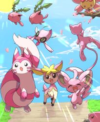 Rule 34 | :d, ^ ^, absurdres, alternate color, animal focus, blue sky, celebi, cherrim, cherry blossoms, closed eyes, closed mouth, cloud, colored skin, commentary request, creatures (company), deerling, deerling (spring), fairy wings, falling petals, flying, furret, game freak, gen 1 pokemon, gen 2 pokemon, gen 3 pokemon, gen 4 pokemon, gen 5 pokemon, grass, green eyes, highres, hoppip, legendary pokemon, luvdisc, mew (pokemon), minccino, mythical pokemon, nintendo, no humans, open mouth, outdoors, petals, pink fur, pink skin, pink theme, pokemon, pokemon (creature), road, shiny pokemon, shual3734, sitting, sitting on branch, sky, smile, sun, sunlight, tail, two-tone fur, white fur, wings, yellow eyes