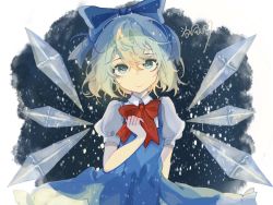 Rule 34 | 1girl, absurdres, arm at side, blue bow, blue dress, blue eyes, blue hair, bow, bowtie, chao ru xifeng, cirno, closed mouth, collared shirt, dress, hair between eyes, hair bow, hand up, highres, ice, ice wings, looking at viewer, medium hair, pinafore dress, puffy short sleeves, puffy sleeves, red bow, red bowtie, shirt, short sleeves, sleeveless dress, smile, snowing, solo, touhou, upper body, white shirt, wings