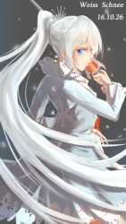 Rule 34 | 1girl, 2016, blue eyes, character name, closed mouth, cowboy shot, dark background, dated, earrings, eyebrows, from side, highres, holding, holding sword, holding weapon, jewelry, kanryourei, long hair, long sleeves, looking at viewer, ponytail, profile, rwby, solo, sword, tiara, very long hair, weapon, weiss schnee, white hair