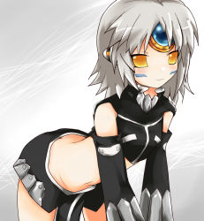Rule 34 | 1girl, bad id, bad pixiv id, bent over, blush, closed mouth, detached sleeves, elsword, eve (elsword), facial mark, forehead jewel, morumoru00, short hair, silver hair, simple background, smile, yellow eyes