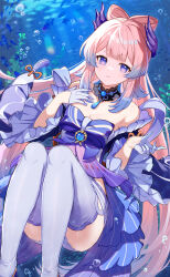 Rule 34 | 1girl, abusoru, bare shoulders, blue hair, blue horns, blush, bow-shaped hair, breasts, bubble, choker, cleavage, colored tips, detached collar, fish, frilled sleeves, frills, genshin impact, gloves, gradient hair, hair ornament, half gloves, highres, horns, lace-trimmed choker, lace trim, long hair, looking at viewer, multicolored hair, pink hair, purple eyes, sangonomiya kokomi, shorts, smile, solo, thighhighs, thighs, underwater, vision (genshin impact), white gloves, white shorts, wide sleeves