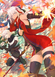 Rule 34 | 2girls, :o, absurdres, ahoge, autumn leaves, black legwear, black scarf, blurry, blurry background, blurry foreground, commentary request, detached sleeves, dress, elbow gloves, fate/grand order, fate (series), feet out of frame, gloves, grey eyes, grey hair, hair between eyes, highres, kurogiri, leaf, maple leaf, multiple girls, obi, okita souji (fate), okita souji (koha-ace), okita souji alter (fate), okita souji alter (first ascension) (fate), open mouth, outstretched hand, over shoulder, pencil dress, red dress, red scarf, red tassel, sash, scarf, sidelocks, squatting, standing, sword, sword over shoulder, thighhighs, tree, weapon, weapon over shoulder, white dress