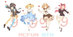 Rule 34 | 4girls, acfun, animal ears, ankle socks, anniversary, asymmetrical legwear, black bow, black hair, black shirt, blonde hair, blue eyes, blue thighhighs, bow, bowtie, brown hair, cabbie hat, cat ears, clothes lift, collarbone, copyright name, detached sleeves, dress, dress lift, eyebrows, frilled dress, frilled skirt, frilled sleeves, frills, full body, green eyes, hair bow, hair ornament, hairband, hat, heart, high heels, highres, kneehighs, loafers, long hair, long sleeves, looking at viewer, mismatched legwear, multiple girls, necktie, open mouth, orange legwear, outstretched arm, parted lips, pink bow, pink eyes, pink hair, pointing, puffy sleeves, salute, sasa (artist), sasa (sasachan), shirt, shoes, short hair, short sleeves, simple background, skirt, sleeveless, slippers, smile, socks, strappy heels, thighhighs, twintails, uneven legwear, v-neck, watch, white background, white bow, white legwear, wide sleeves, winged heart, yellow necktie