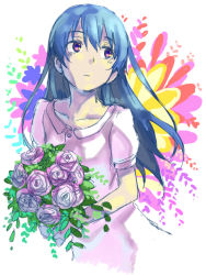 Rule 34 | 1girl, bad id, bad pixiv id, blue hair, bouquet, dress, flower, hair between eyes, holding, holding bouquet, joint06, long hair, love live!, love live! school idol festival, love live! school idol project, solo, sonoda umi