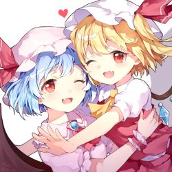 Rule 34 | 2girls, ;d, ascot, bat wings, blonde hair, blue hair, blush, brooch, commentary request, dress, fang, flandre scarlet, glomp, hat, hat ribbon, heart, highres, hug, jewelry, looking at viewer, mob cap, multiple girls, one eye closed, one side up, open mouth, pink dress, pink headwear, puffy short sleeves, puffy sleeves, red ascot, red eyes, red ribbon, red skirt, red vest, remilia scarlet, ribbon, risui (suzu rks), shirt, short hair, short sleeves, siblings, simple background, sisters, skirt, skirt set, smile, touhou, upper body, vest, white background, white headwear, white shirt, wings, wrist cuffs