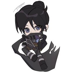Rule 34 | 1girl, absurdres, animification, apex legends, belt, black bodysuit, black gloves, black scarf, blue eyes, bodysuit, brown belt, chibi, clenched hand, covered mouth, full body, gloves, hair behind ear, hair between eyes, hair bun, highres, holding, holding knife, knife, kunai, looking at viewer, scarf, single hair bun, solo, t.t.t, weapon, white background, hope&#039;s dusk (apex legends), wraith (apex legends)