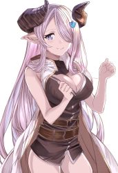 Rule 34 | 1girl, blue eyes, breasts, cleavage, cleavage cutout, clenched hands, closed mouth, clothing cutout, commentary request, draph, granblue fantasy, hair ornament, hair over one eye, highres, horns, light purple hair, long hair, looking at viewer, medium breasts, narmaya (granblue fantasy), pointy ears, sieru, simple background, sleeveless, smile, solo, standing, white background