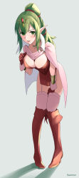 Rule 34 | 1girl, absurdres, boots, breasts, cape, cleavage, dress, fire emblem, fire emblem awakening, full body, garter straps, gloves, green eyes, green hair, grey background, hair ribbon, high heel boots, high heels, highres, knee boots, leaning forward, long hair, medium breasts, nintendo, parted lips, pointy ears, ponytail, red dress, red footwear, red gloves, ribbon, short dress, simple background, skeptycally, solo, tiara, tiki (adult) (fire emblem), tiki (fire emblem), twitter username