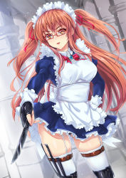 Rule 34 | 1girl, absurdres, apron, black gloves, black panties, bow, bowtie, breasts, brooch, fingerless gloves, garter straps, glasses, gloves, gluteal fold, hair ribbon, highres, jewelry, juliet sleeves, knife, large breasts, long hair, long sleeves, looking at viewer, maid, maid headdress, miniskirt, original, panties, parted lips, puffy sleeves, red-framed eyewear, red bow, red bowtie, red ribbon, ribbon, skirt, solo, standing, thighhighs, toriatto gununu, twintails, two side up, underwear, white thighhighs, wrist cuffs