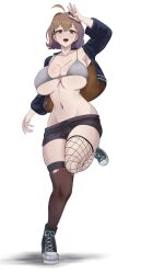 Rule 34 | 1girl, :d, ahoge, alternate costume, anis (nikke), arm up, asymmetrical legwear, black jacket, breasts, brown eyes, brown hair, brown jacket, cleavage, cropped jacket, fishnet thighhighs, fishnets, full body, goddess of victory: nikke, gudakoguda, jacket, large breasts, midriff, mismatched legwear, navel, open mouth, shoes, short hair, short shorts, shorts, single thighhigh, smile, sneakers, standing, standing on one leg, thighhighs, torn clothes, torn thighhighs, two-sided fabric, two-sided jacket