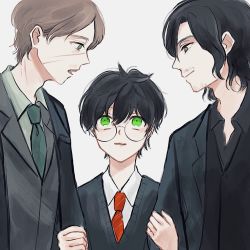 Rule 34 | 3boys, beard, black hair, brown hair, child, closed mouth, collar, facial hair, facial scar, glasses, green eyes, green necktie, grey eyes, hair between eyes, hand on another&#039;s arm, harry potter, harry potter (series), height difference, highres, looking at another, looking down, male focus, multiple boys, mustache, necktie, open mouth, remus lupin, round eyewear, scar, scar on cheek, scar on face, scar on neck, short hair, simple background, sirius black, striped necktie, striped neckwear, teeth, vest, wing collar, wizarding world