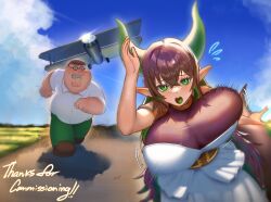 Rule 34 | 1boy, 1girl, absurdres, aircraft, airplane, blue sky, bouncing breasts, breasts, brown hair, cleft chin, cloud, collared shirt, colored tongue, commission, day, family guy, fat, fat man, glasses, green eyes, green pants, green tongue, highres, huge breasts, kowai (iamkowai), open mouth, original, outdoors, pants, peter griffin, pointy ears, round eyewear, running, shirt, short hair, skirt, sky, tail, white shirt, white skirt