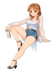 Rule 34 | 1girl, beer can, beige sweater, belt, blush, breasts, brown eyes, brown hair, can, cardigan, cleavage, collarbone, denim, denim shorts, drink can, earrings, fingernails, full body, hair bobbles, hair ornament, high heels, hip focus, idolmaster, idolmaster cinderella girls, invisible chair, jewelry, kamille (vcx68), katagiri sanae, knee up, large breasts, leaning back, legs, looking at viewer, low twintails, nail polish, open cardigan, open clothes, parted bangs, shirt, short twintails, shorts, simple background, sitting, smile, solo, tank top, thighs, twintails, white background, white shirt, yellow nails