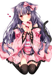 Rule 34 | 1girl, amelie-san (nogi takayoshi), animal ears, bare shoulders, black thighhighs, blunt bangs, blush, bow, box, breasts, cat ears, cat tail, cleavage, closed mouth, dress, frilled dress, frills, full body, gift, hair bow, head tilt, heart, heart-shaped box, holding, holding gift, japanese clothes, kimono, knees together feet apart, long hair, long sleeves, looking at viewer, nogi takayoshi, obi, official art, original, pink bow, pink kimono, purple hair, red bow, red eyes, sash, simple background, sitting, small breasts, smile, solo, sparkle, tail, tareme, thighhighs, valentine, very long hair, wariza, white background, wide sleeves, wristband