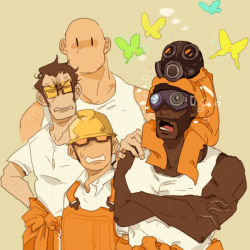 Rule 34 | 22 (tak ja), 4boys, bad id, bad pixiv id, bald, bug, butterfly, carrying, chell (cosplay), cosplay, dark-skinned male, dark skin, demoman (tf2), engineer (tf2), facial hair, gas mask, heavy (tf2), helmet, insect, mask, multiple boys, no headwear, no headwear, open mouth, overalls, portal, portal (series), portal 1, portal 2, pyro (tf2), pyrovision goggles, shoulder carry, sniper (tf2), sunglasses, team fortress 2, tongue, valve