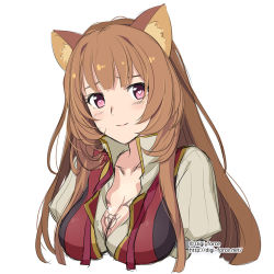 Rule 34 | 1girl, animal ears, blunt bangs, blush, breast tattoo, breasts, brown hair, cleavage, closed mouth, collarbone, collared shirt, commentary request, cropped torso, grey shirt, heart, heart-shaped pupils, highres, kimura shigetaka, long hair, looking at viewer, medium breasts, pink eyes, raccoon ears, raccoon girl, raphtalia, red vest, shirt, simple background, smile, solo, symbol-shaped pupils, tareme, tate no yuusha no nariagari, tattoo, upper body, vest, watermark, web address, white background