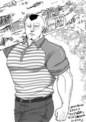 Rule 34 | 1boy, alternate costume, bald spot, bara, carrying over shoulder, character request, employee uniform, facial hair, frown, goatee, greyscale, highres, kingdom (series), large pectorals, looking at viewer, male focus, monochrome, muscular, muscular male, pants, pectorals, sagawa express, shirt, solo, t-shirt, tight clothes, tight shirt, translation request, tree stump, uniform, wakwak sam